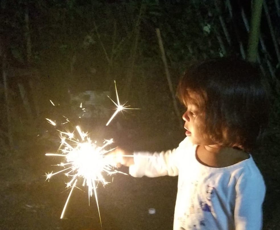 Young girl with a sparkler in the dark